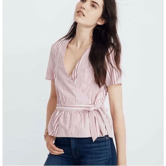 Madewell Pink White Striped Wrap Tie Top with Ruffle Hem Women's Size XXL - Picture 1 of 15